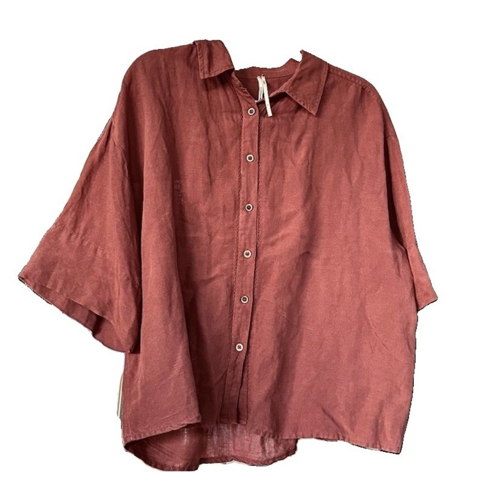 Anthropologie Linen Blend S Button Down Shirt Short Sleeve Rust Lagenlook Boxy